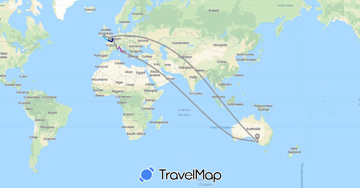 TravelMap itinerary: driving, plane, train, boat in Australia, France, United Kingdom, Ireland, Italy, Monaco, Singapore (Asia, Europe, Oceania)